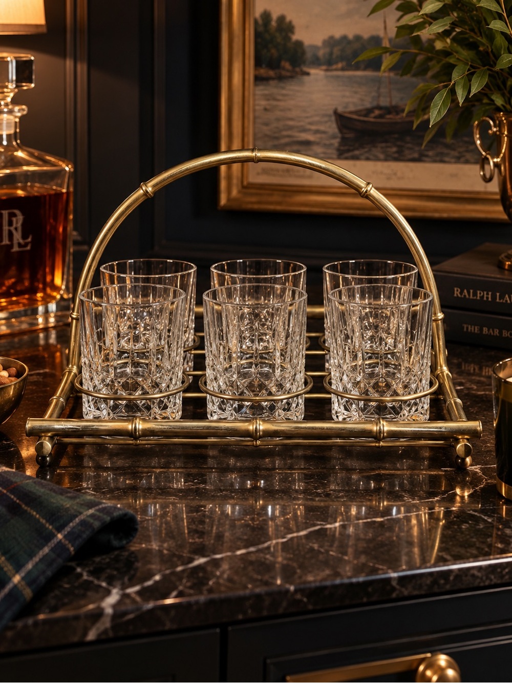 Vintage 1960s Brass Bamboo-Style Drink Caddy | 6 Glass Holder | Bar Cart Decor